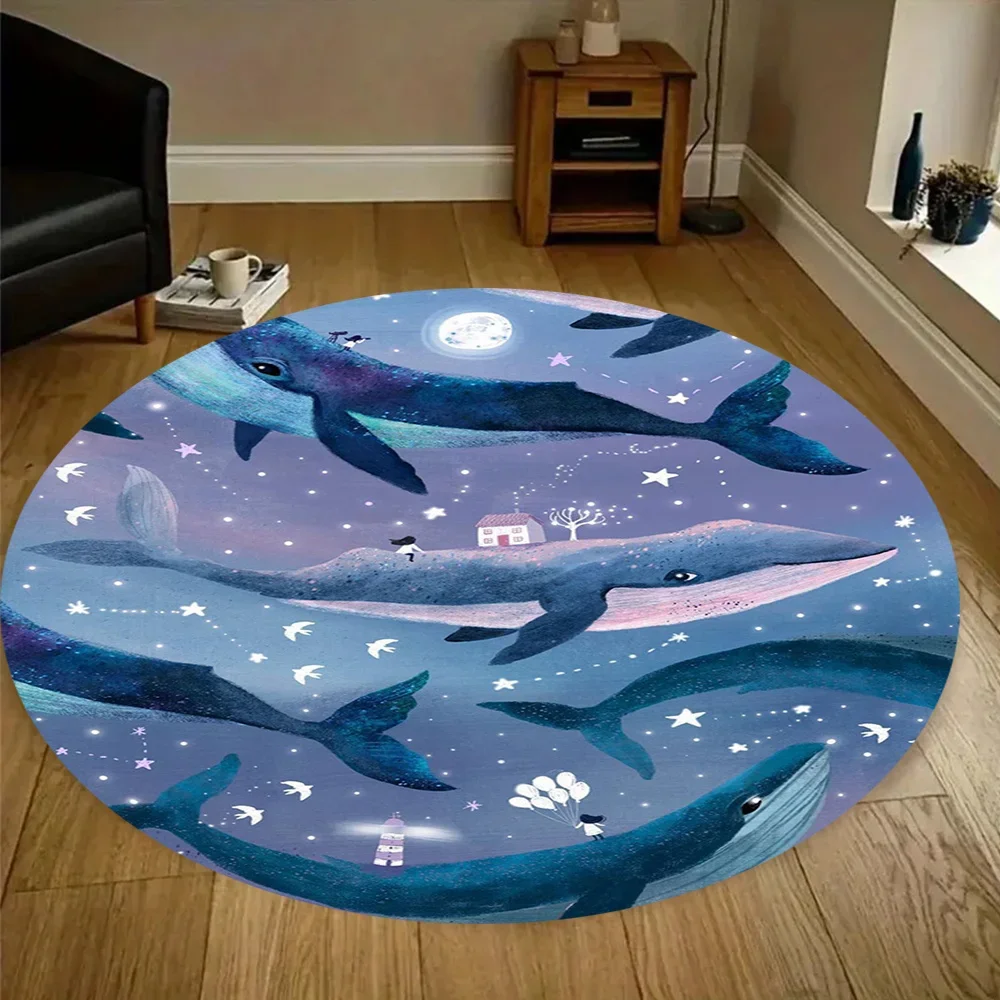 Whale Starry Sky Round Rug Flannel Plush KidsRoom Decor Dreamy Ocean Theme Floor Mat Shedding Easy Clean Nursery Play AreaCarpet