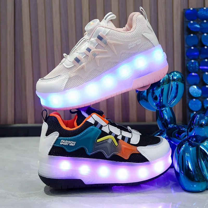 LED Student Flash Shoes Children Rechargeable Light Shoes Kids Roller Skates Boys and Girls Button Sneakers