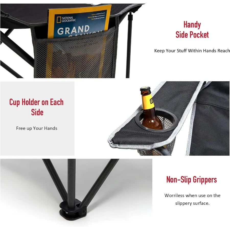كرسي تخييم قابل للطي كبير الحجم 500 رطل كراسي حديقة شديدة التحمل للبالغين أسود محمول قابل للطي مع جيب حامل أكواب مسند الذراع