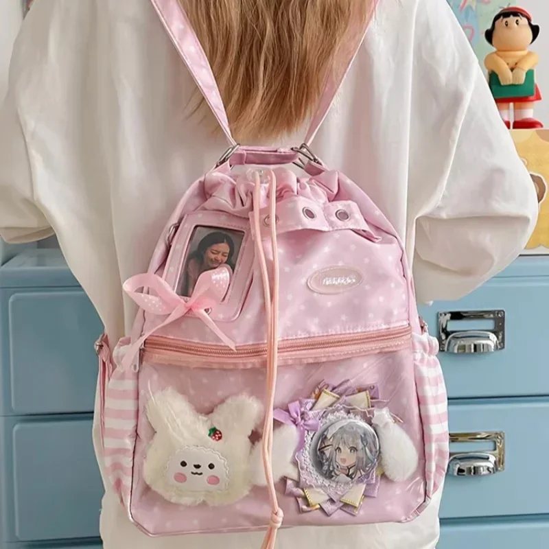 Harajuku Ita Bag,Polka Dot Drawstring Backpack,DIY Transparent Layer Shoulder Tote,Cute Anime Crossbody Purse for Daily Commute view 4