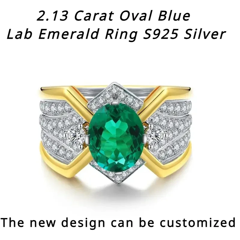 YanYao Jewelry 2024 Hot Sale 2.13ct Oval Blue Lab Emerald Ring S925 Silver Tone Engagement Ring