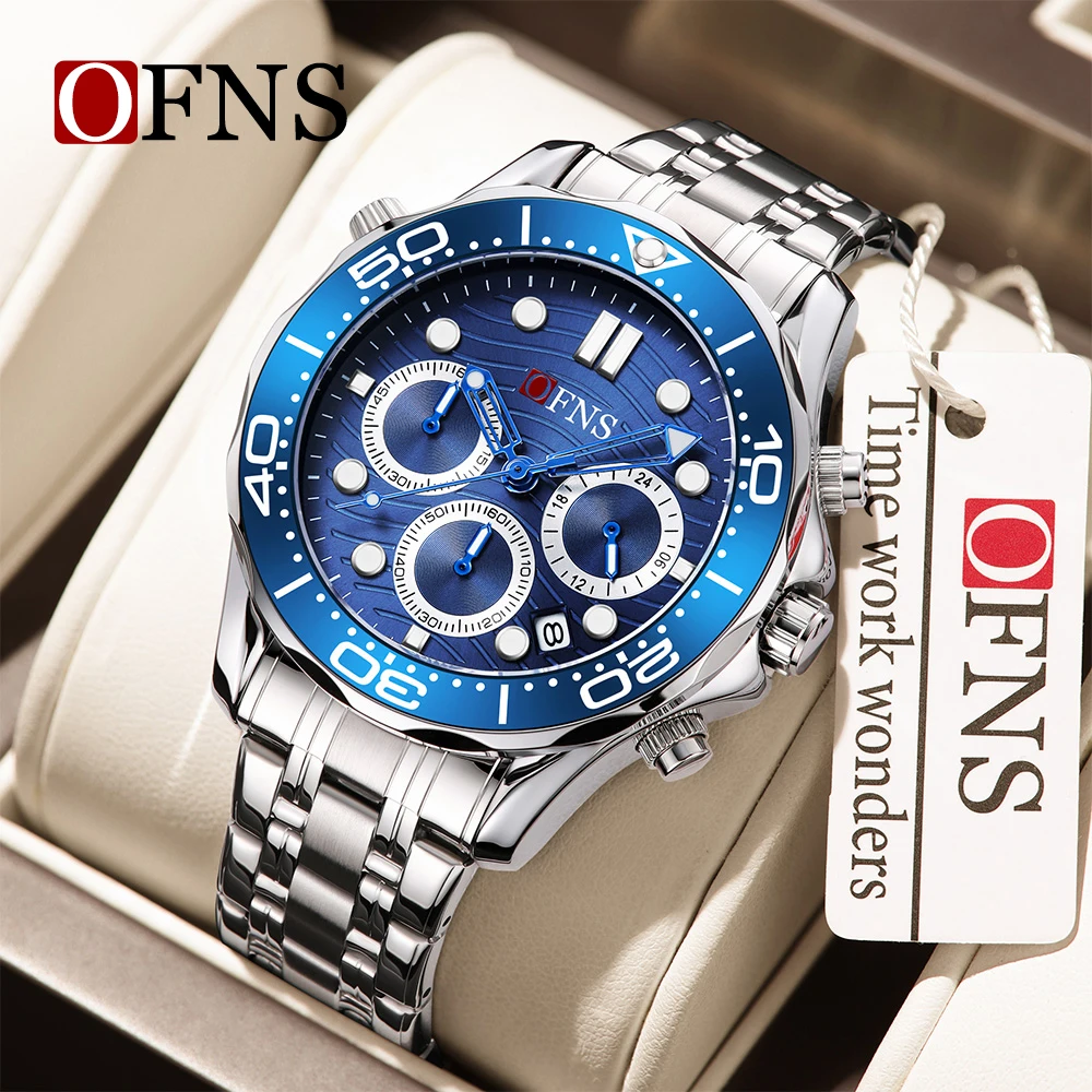 OFNS Top Brand 7104 Men's Quartz Watch Multi functional Timing Waterproof Calendar Night Light Men's Stainless Steel Watch