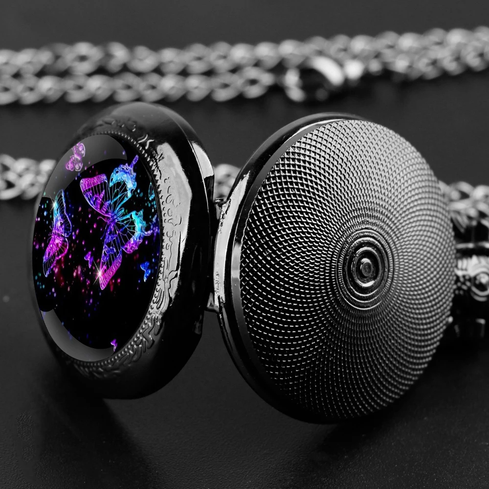 Orologio da tasca al quarzo nero con cupola in vetro a farfalla con quadrante con numeri arabi e catena resistente, regalo per uomini e donne