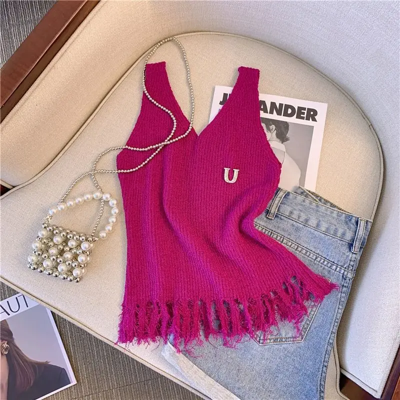 French Style Tassel Knit Tank Top Outside Summer New Slim Fitting Slimming Vest Top for Women Clothes