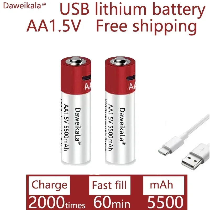 2024New AA USB batería de iones de litio recargable 1,5 V AA 5500mah/batería de iones de litio reloj para juguetes reproductor MP3 termómetro teclado