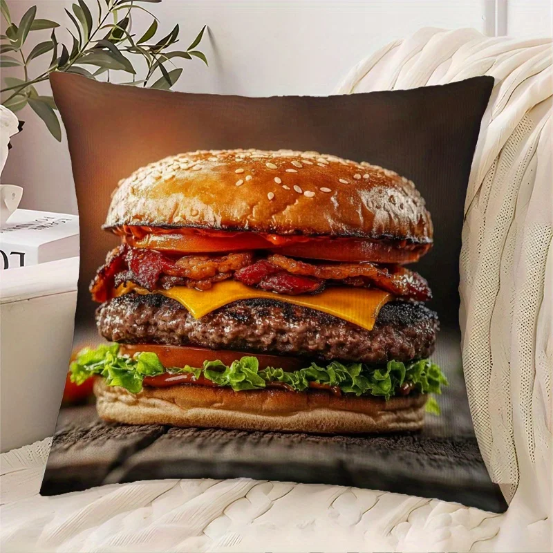 Realistic Cheeseburger Food Lover Pillowcase Throw Cushion Cover Novelty Kitchen Decor Gift for BBQ Fan