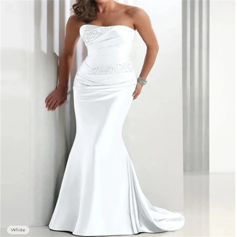 

Mermaid Sequin Evening Gown Elegant Dress Wedding Guest Formal Evening Sweep / Brush Train Sleeveless Strapless Satin Customized