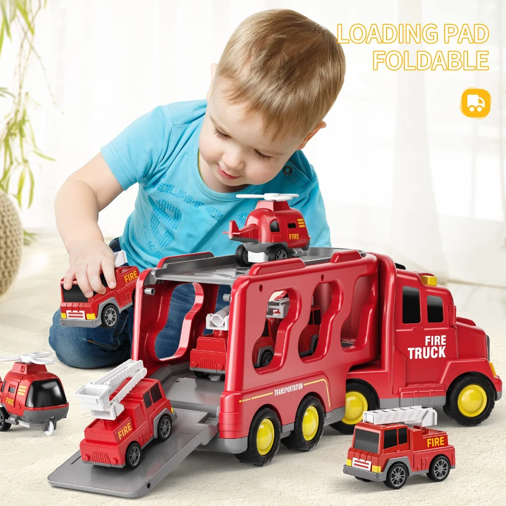 WizKidz Brinquedos de Fogo para Crianças, Caminhão Transportador 5 em 1, Veículos de Potência por Fricção para Meninos e Meninas de 3 a 9 Anos, Presentes de Aniversário.