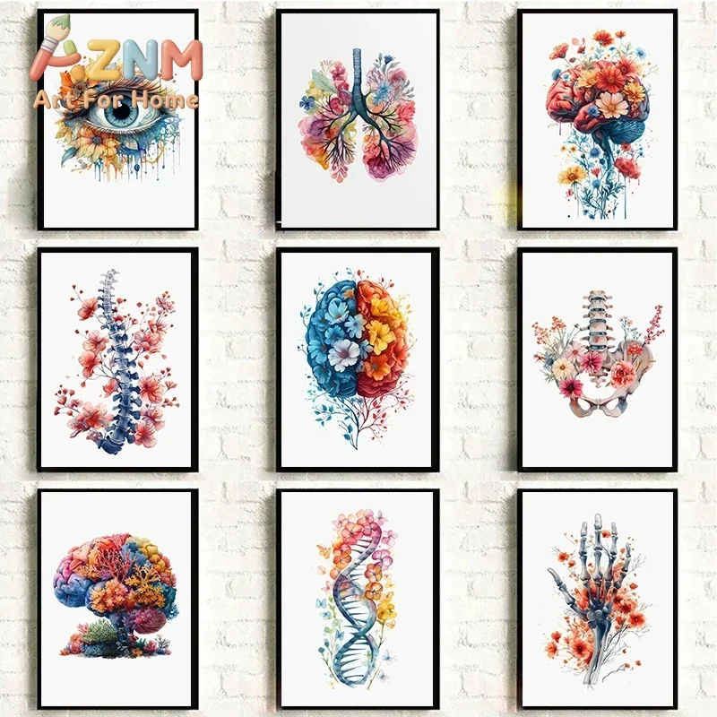 Artistic Floral Human Anatomy 2D Flat, Frameless , Modern Academic Decor,  Watercolor Organ Skeleton DNA  Clinic Study