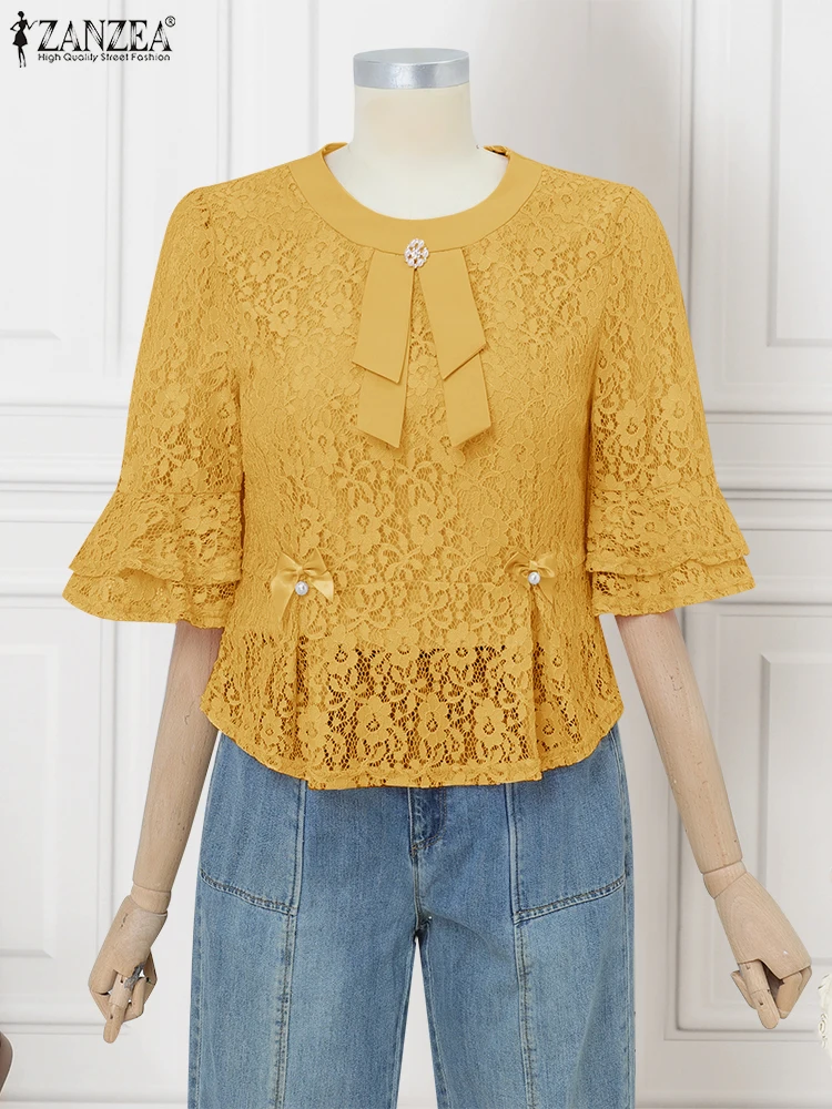

ZANZEA Элегантные кружевные блузки женские однотонные топы винтажные блузки с расклешенными рукавами повседневные туники с коротким рукавом и круглым вырезом 2025 OL рабочий пуловер