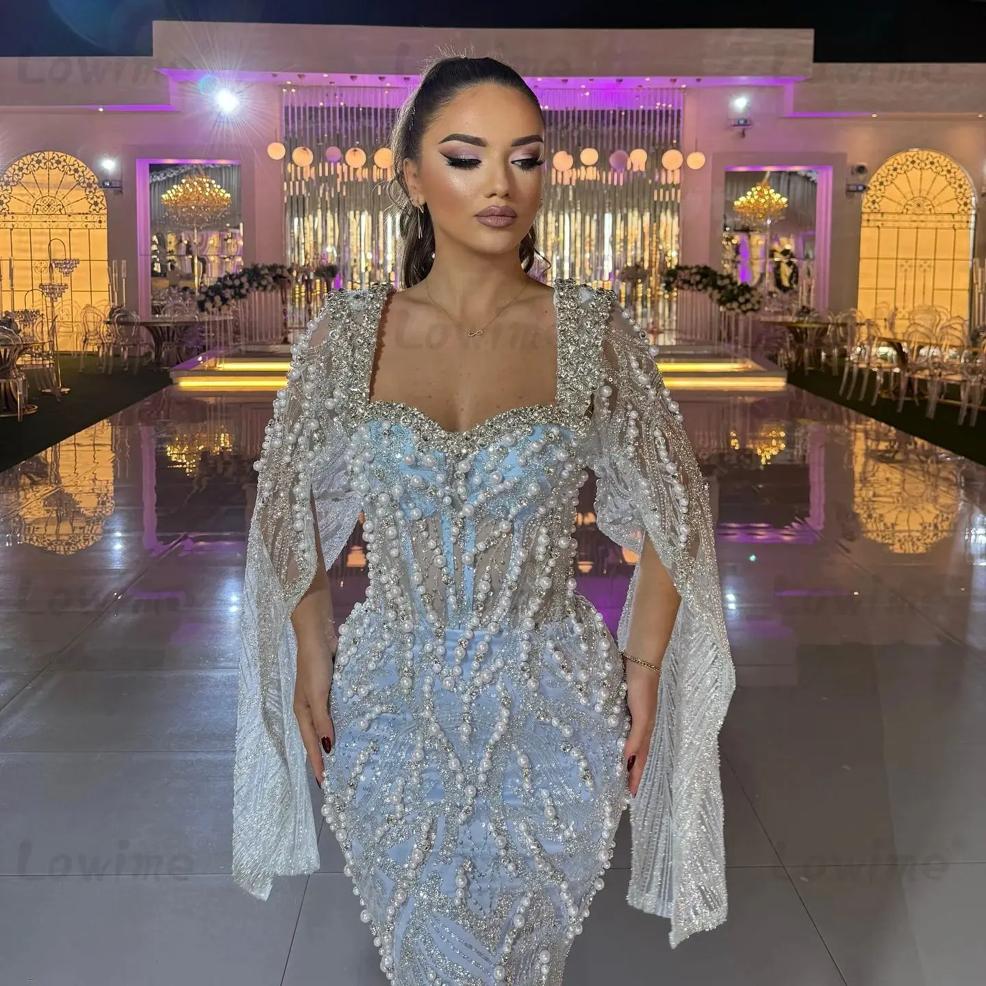 فساتين سهرة بأكمام كيب زرقاء 2025 حورية البحر مطرز باللؤلؤ كريستال فستان الحفلات لحفلات الزفاف مخصص فساتين حفلات طويلة #2