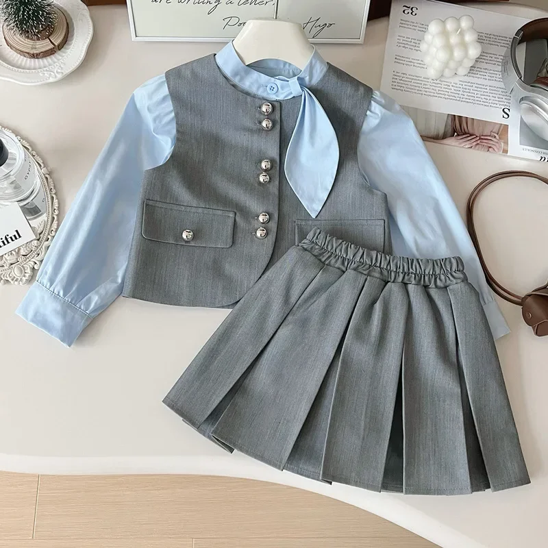 

2025Girls' Spring and Autumn New Fashionable College Style Shirt Vest Pleated Skirt Three-Piece Set