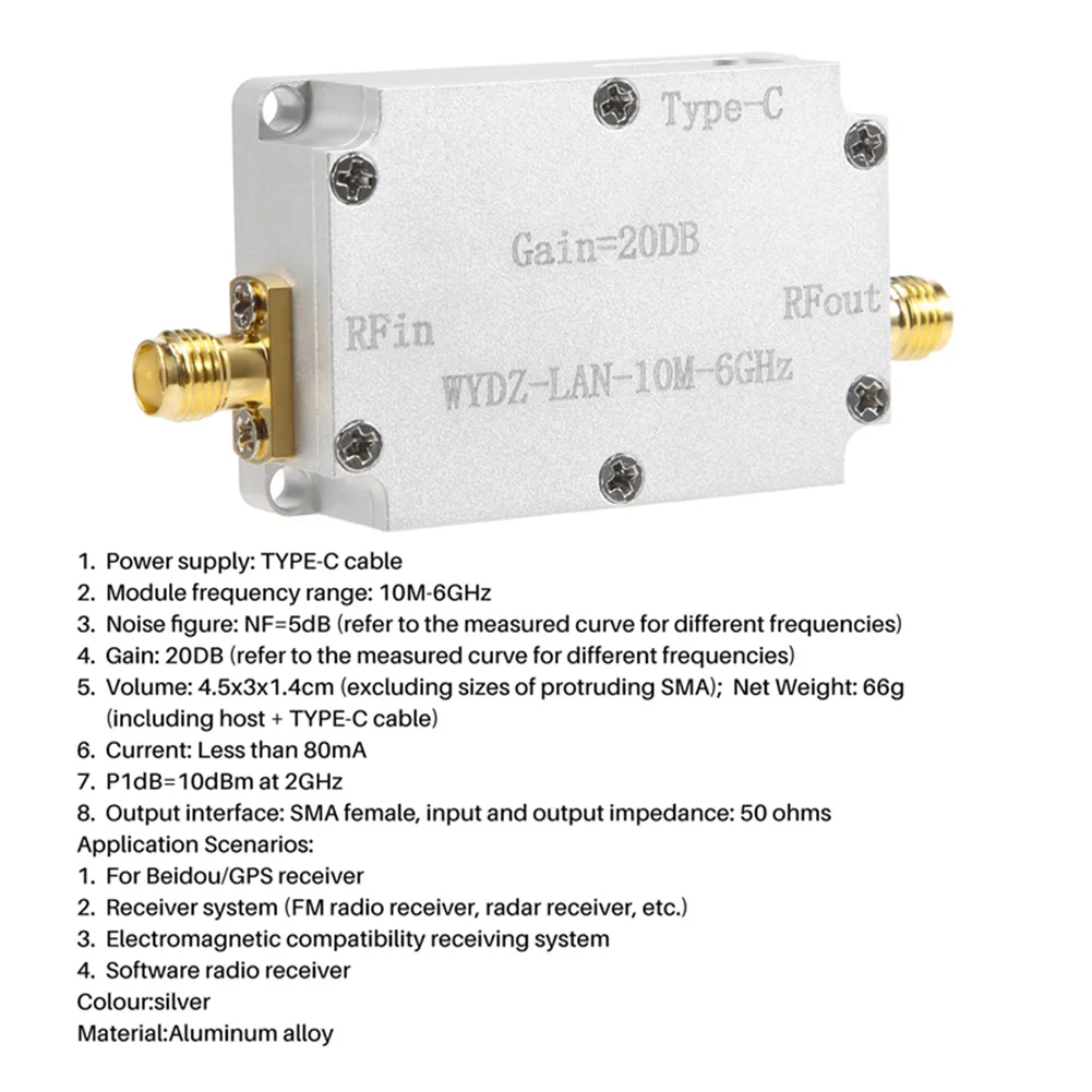 

10M-6GHz Low Noise ALF Gain 20/30/40DB High Flatness LNA RF Signal Driver For Beidou GPS Receiver FM Broadcast Receiver