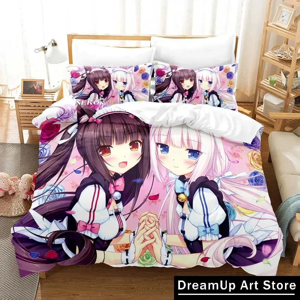 3D Print Kawaii Anime Game Nekopara Bedding Set Boys Girls Twin Queen Full Size Duvet Cover Pillowcase Bed Adult Bedroom