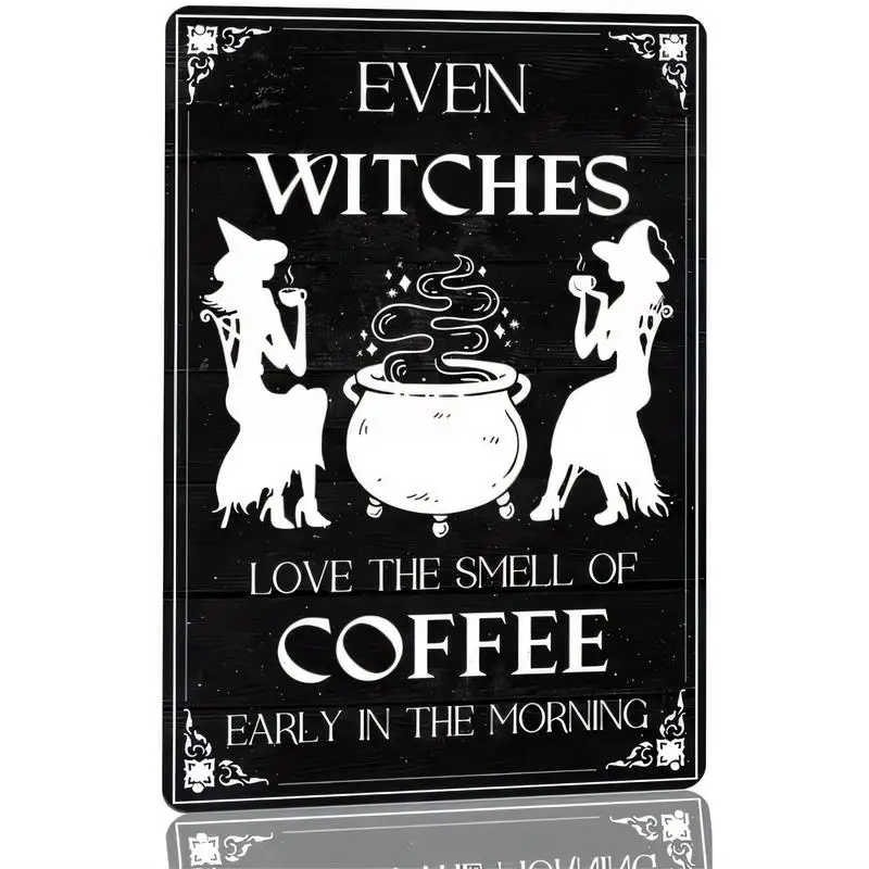 Retro Witch Coffee Metal Tin Sign - Black & White Iron Wall Art (Witches, Cauldron) - Metal, 2D, Perfect for Cafes, Bedrooms, Ha