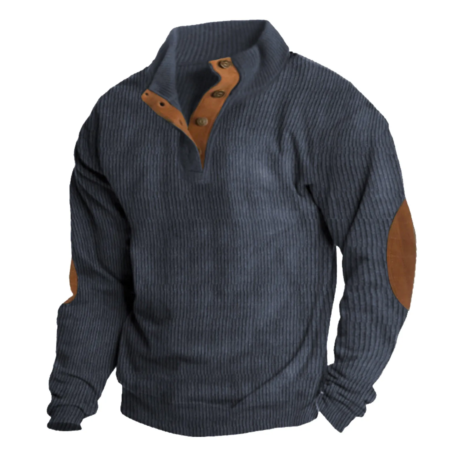 Mens Corduroy Shirt Lapel Collar Button Up Pullover Mock Neck Long Sleeve Sweaters Polo Sweatshirts with Elbow Patches Pullover