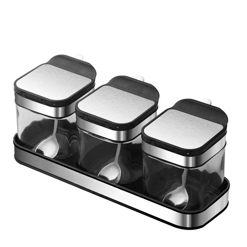 

Glass seasoning box household combination set MSG salt bottle with spoon lid, kitchen 304 stainless steel sealed seasoning jar