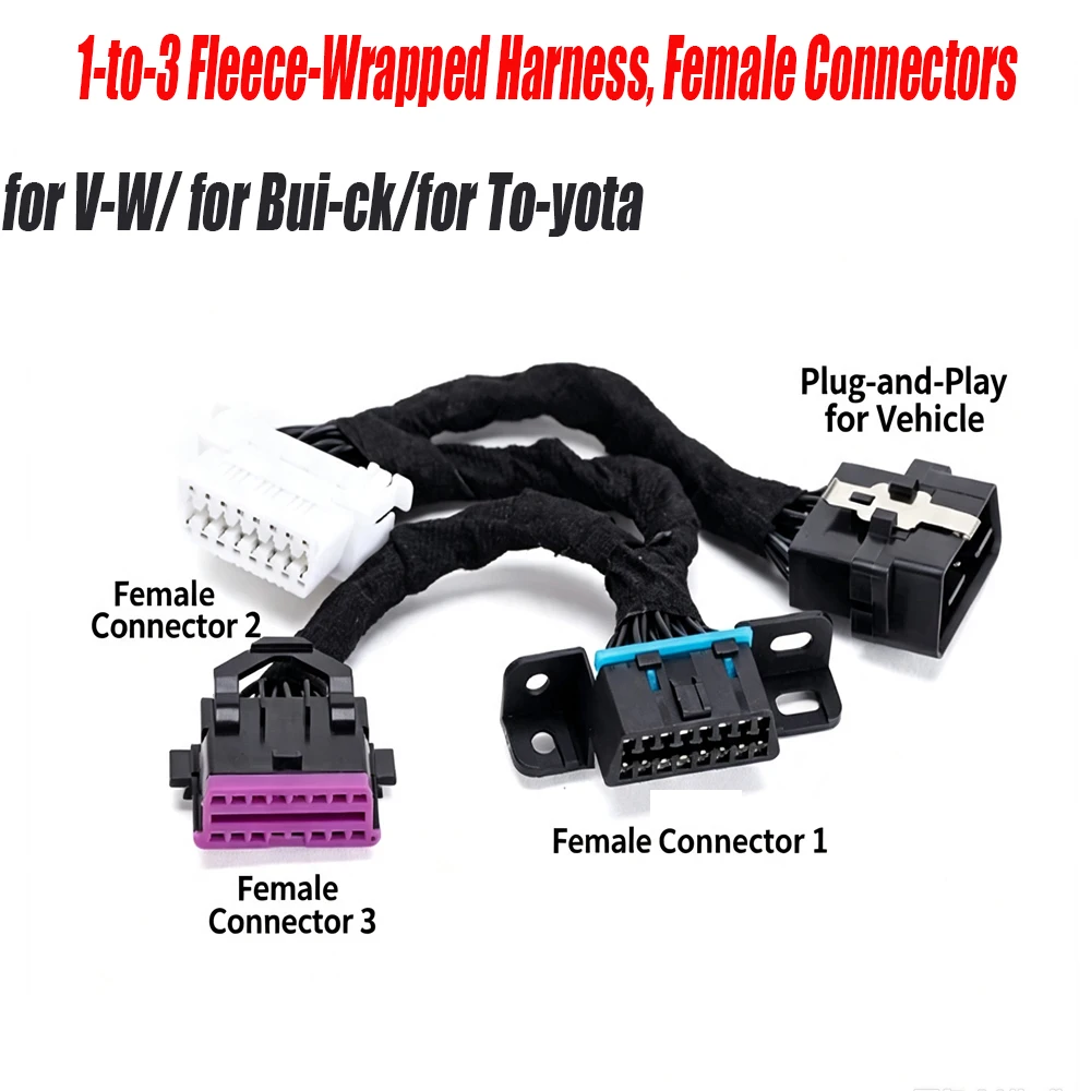 OBD2 Splitter Cable Fleece Wrapped Harness for V-W for Buick for Toyo-ta Female Connector Multiple OBD Devices Simultaneous