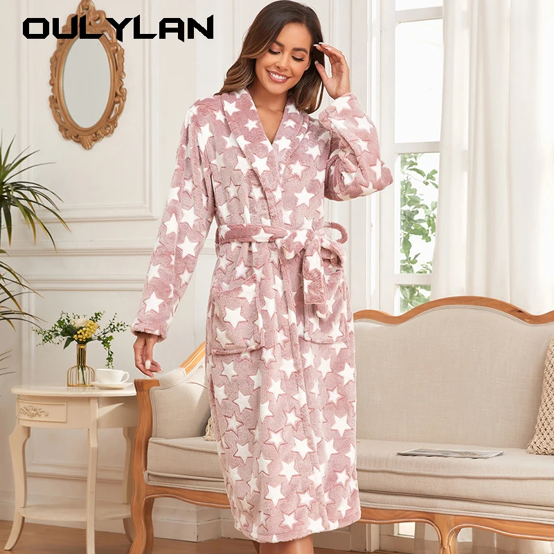 Long Robe Women's Long Sleeves Home Clothes Winter Flannel Lounge Wear Thicken Warm Kimono Bathrobe Coral Fleece Sleepwear