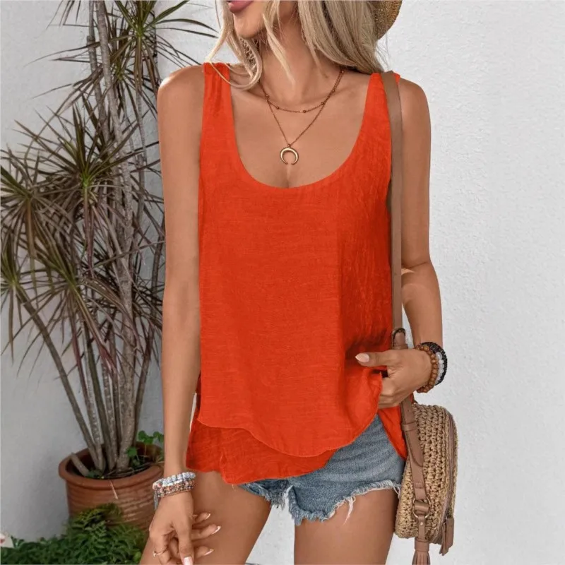 

Ladies Solid Color Pullover Blouse 2025 New Vest Strapless Camisole Sleeveless Double-layer Splicing T-shirt Top For Women Blusa