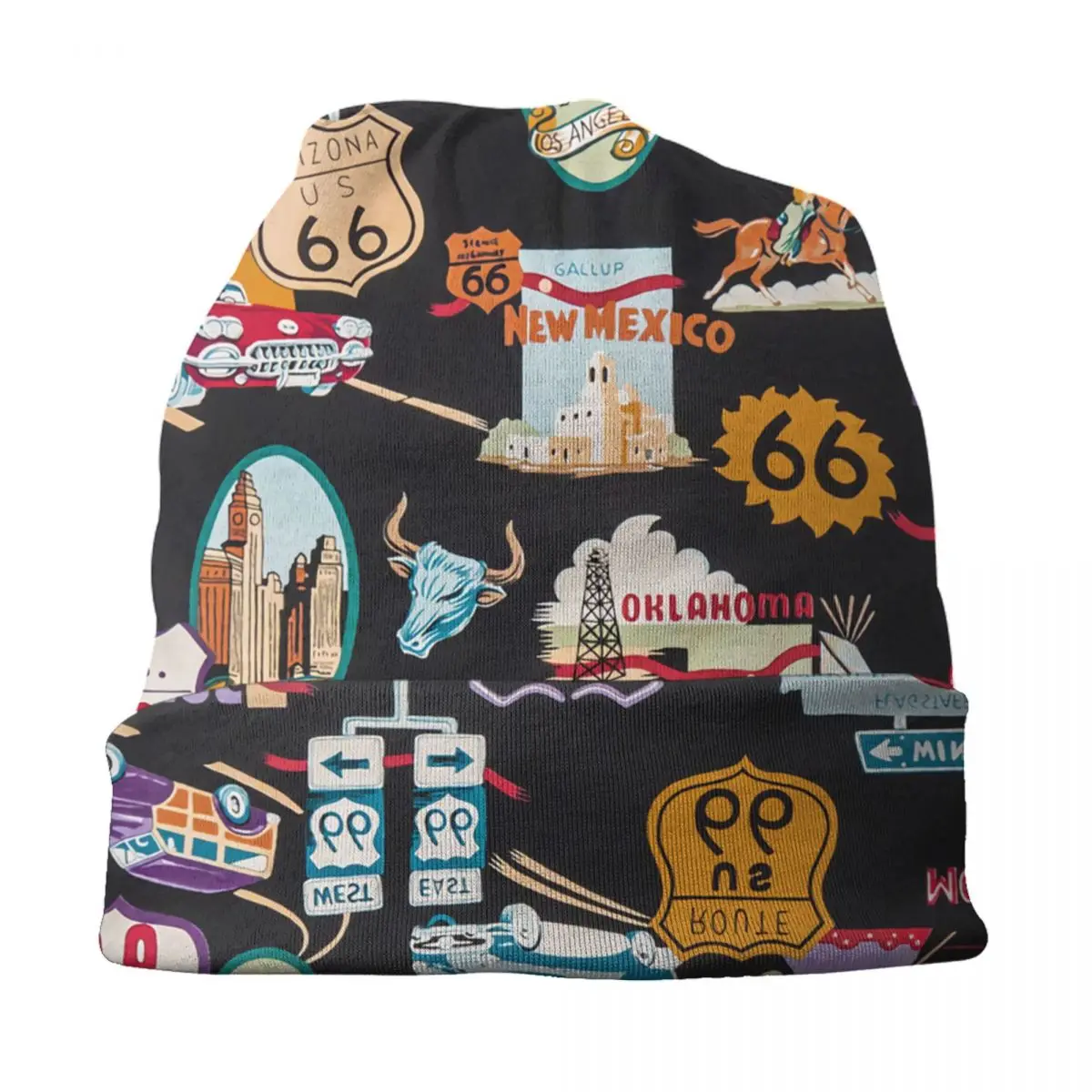 Vintage Route 66 Skullies Beanies Caps For Men Women Unisex Outdoor Winter Warm Knitted Hat Adult America Road Map Bonnet Hats