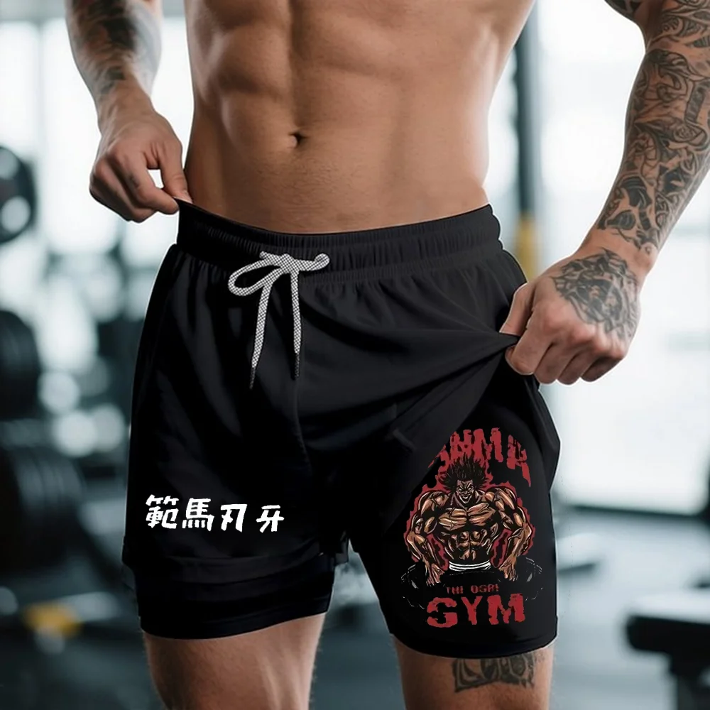 

Мужские шорты с принтом японского аниме, новые летние двухслойные компрессионные быстросохнущие шорты для бега 2-в-1, пляжные брюки
