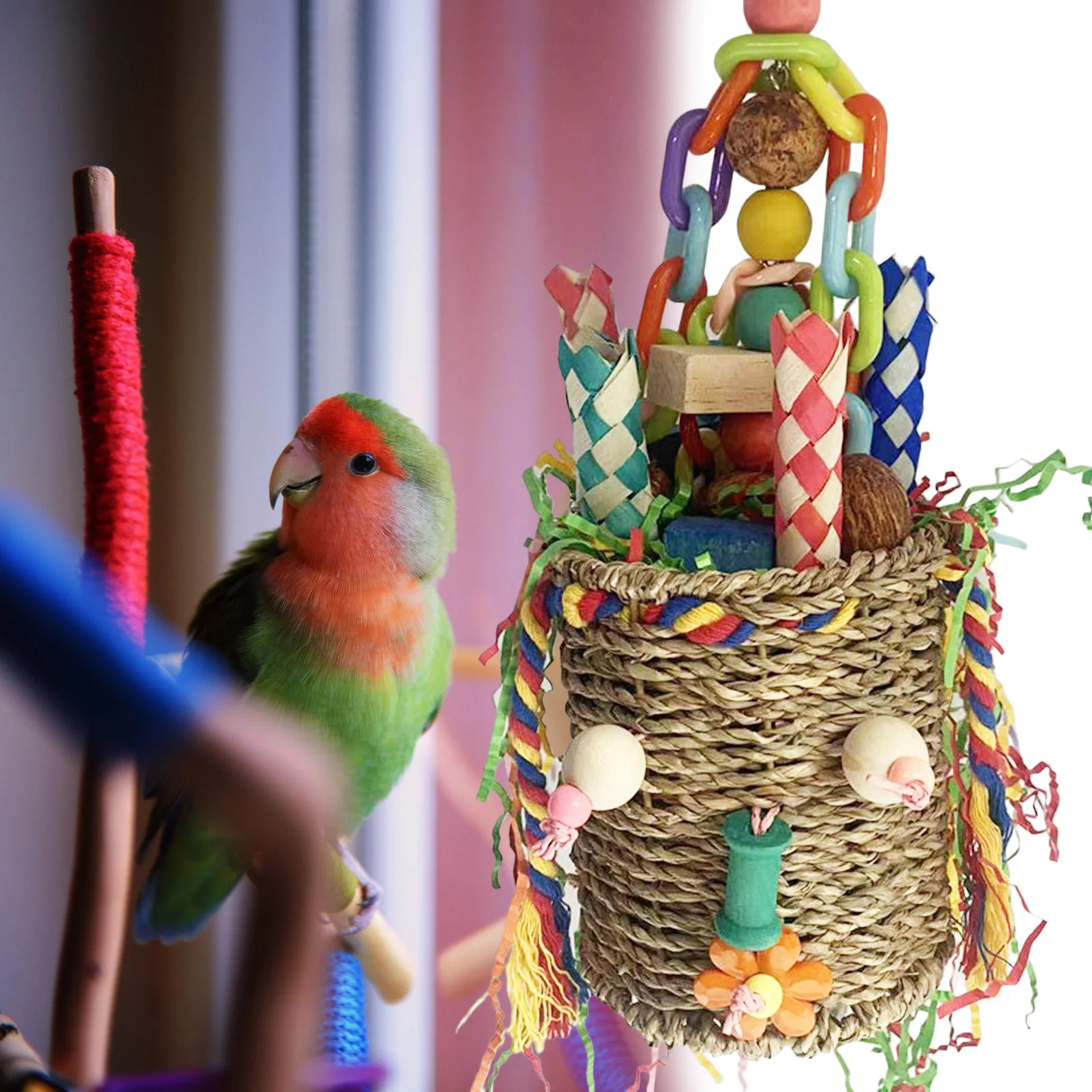 Large Parrot Halloween Toy Wicker Foraging Basket with Colorful Paper Shredded Blocks for Mental Stimulation and Beak Health