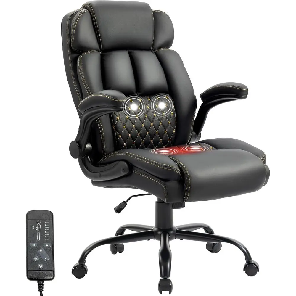 Ergonomic Rocking Desk Chair with Vibration, Heat, Padded Armrests for Big and Tall, 500lbs Capacity, Swivel Computer Chair, Bla