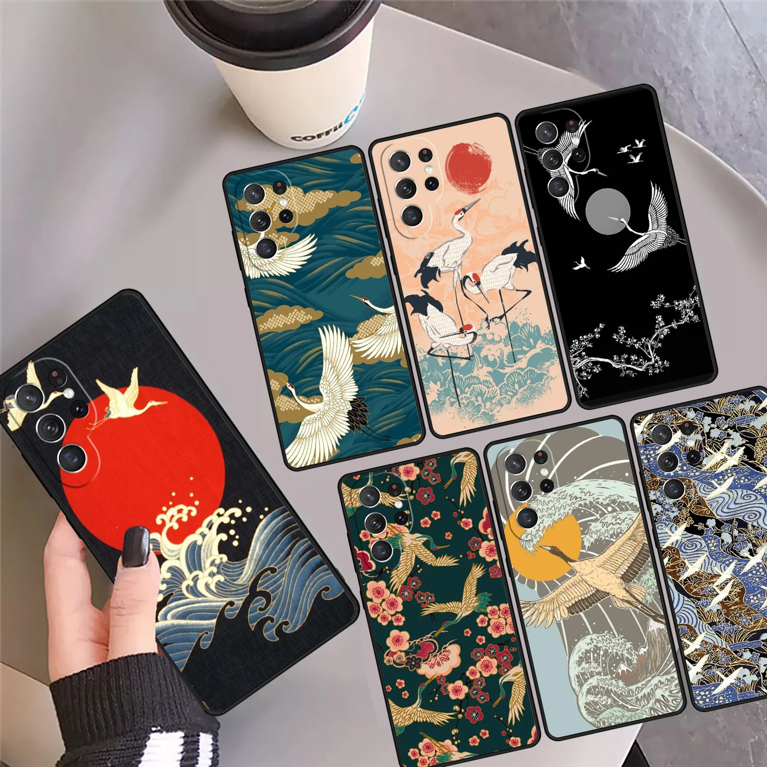 FLYING CRANES SEA WAVES Japanese Art Phone Case Cover For Samsung S24 Ultra 23 S22 Plus S21 FE S20 S8 S9 S10 Note 10 Pro 20