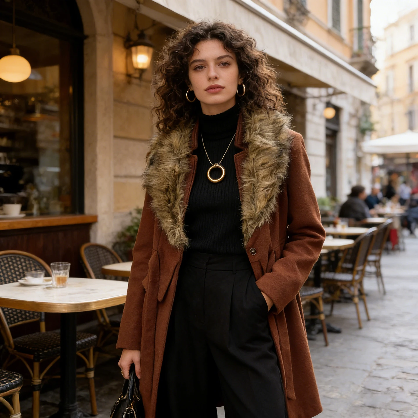 Stylish Retro Woolen Coat Women's Fashionable Belted Fur Collar Outerwear Warm Mid-Length Thickened Polyester 