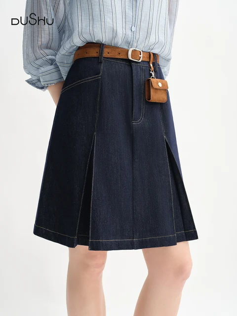 DUSHU Women's High Waist A-line Denim Skirt 2025 Autumn New Arrival Style Contrast Color Retro Denim Skirt No Belt 25DS83098