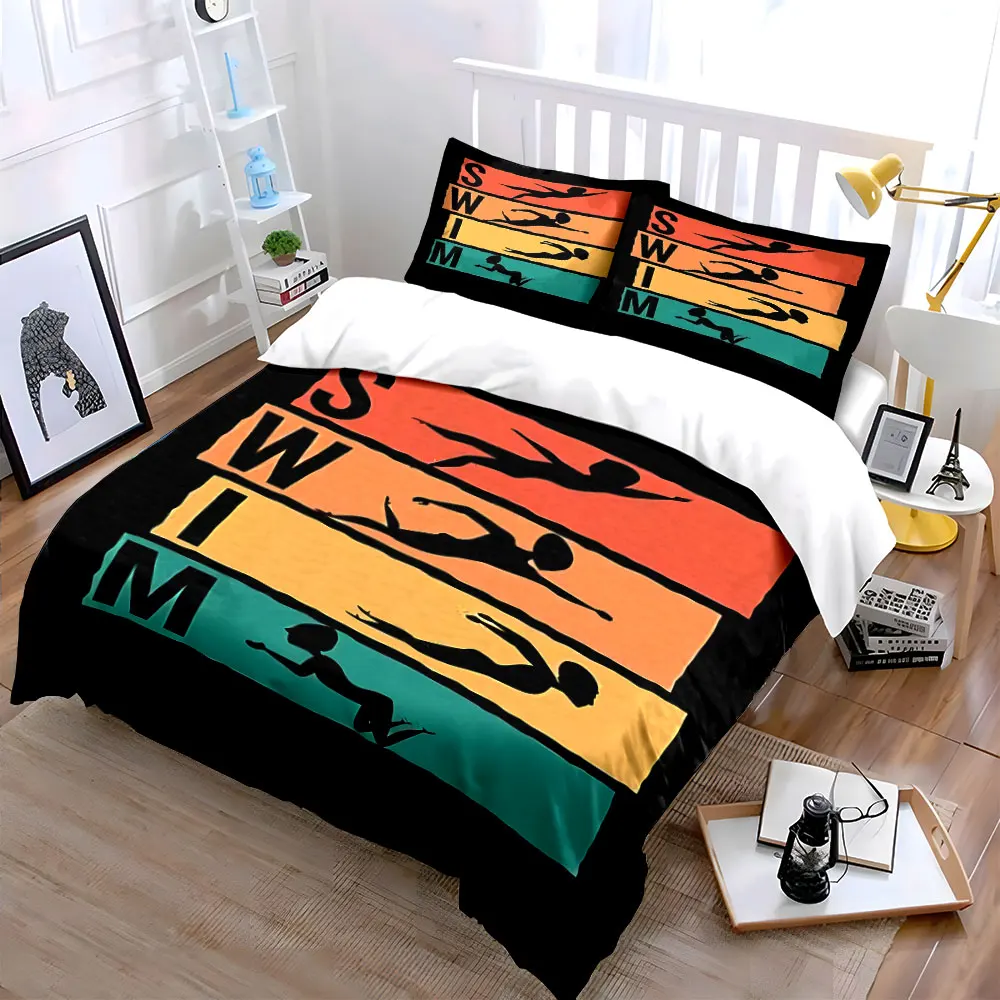 Swimming Themed Art Set Soft Skin-Friendly Bedding Set Includes 1 Duvet Cover And 2 Pillowcase, Gift