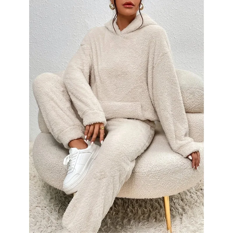 Autumn Winter Women Fleece Two Piece Set Elegant Long Sleeve Pocket Loose Hoodies Pants Suit 2024 Teddy Plush Outfits Homewear