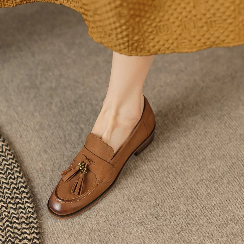 Women Flats Spring Autumn Slip On Sheepskin Real Leather Vintage Flat Shoes Round Toe Basic Loafers With Flat Heel Retro Style