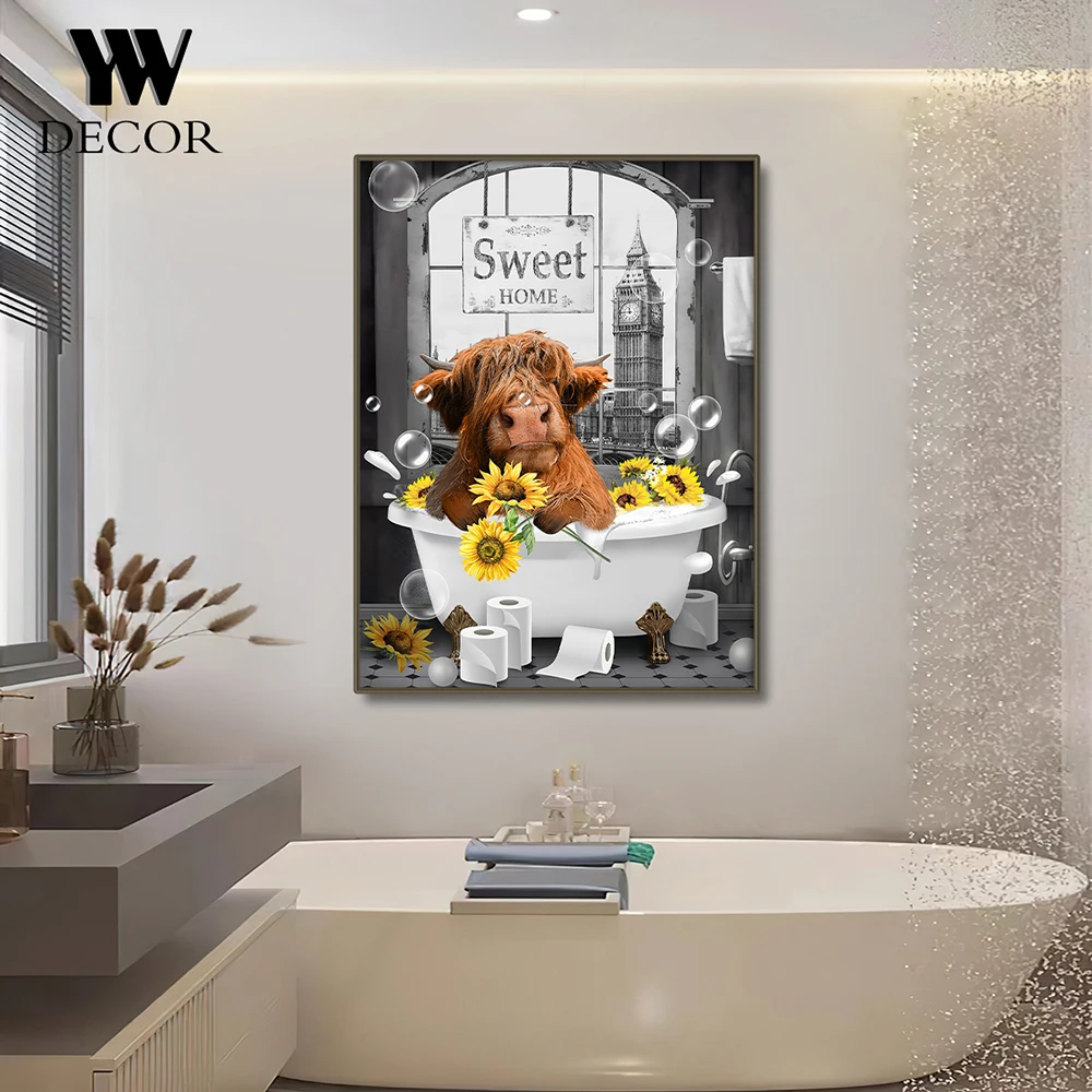 Wall Art Canvas Abstract Animals Cow Bathtub Flower Newspaper Pattern Painting for Home Bathroom Decor Cuadros