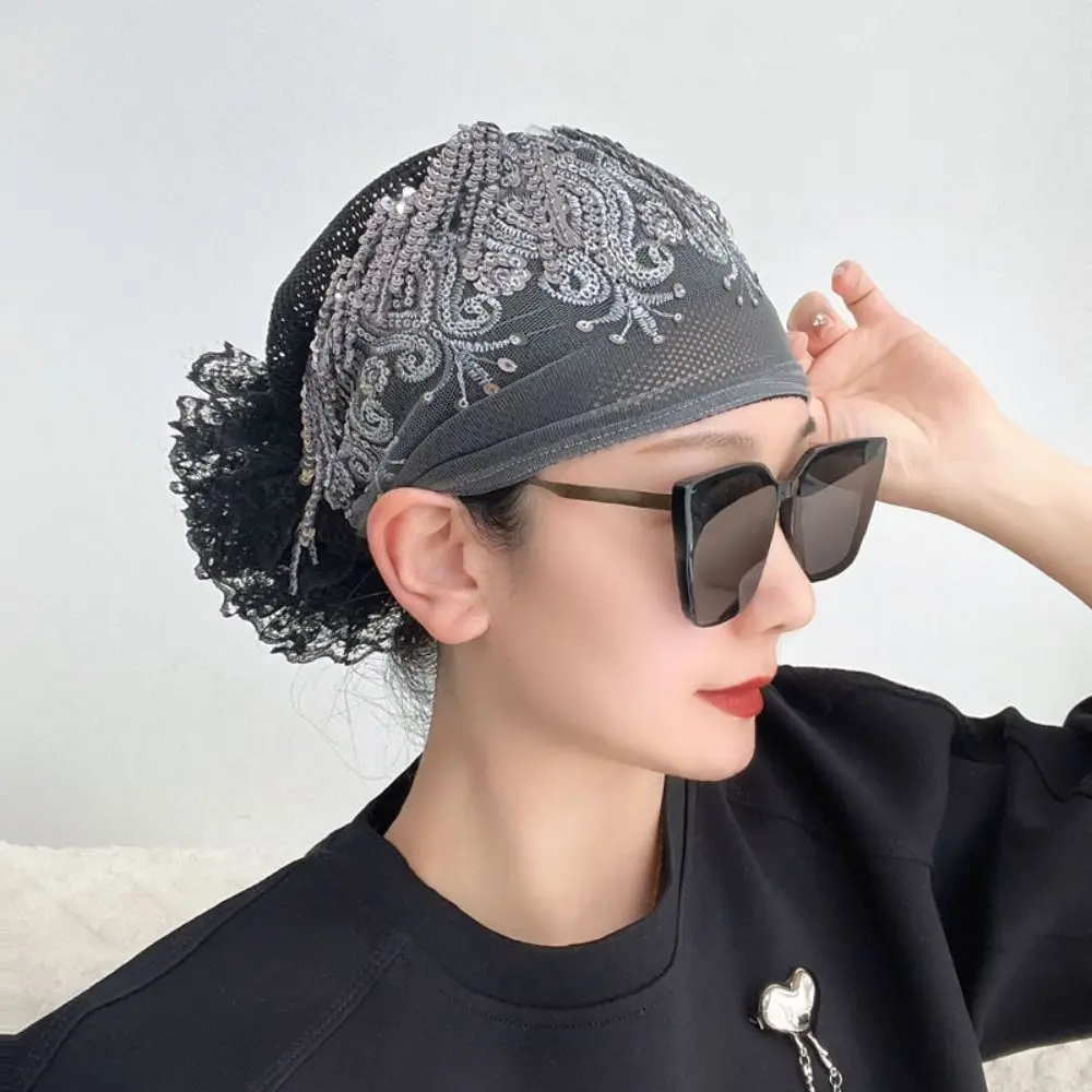 

Fashion Flowers Baotou Hat Embroidery Lace Muslim Cap Breathable Summer Turban Women