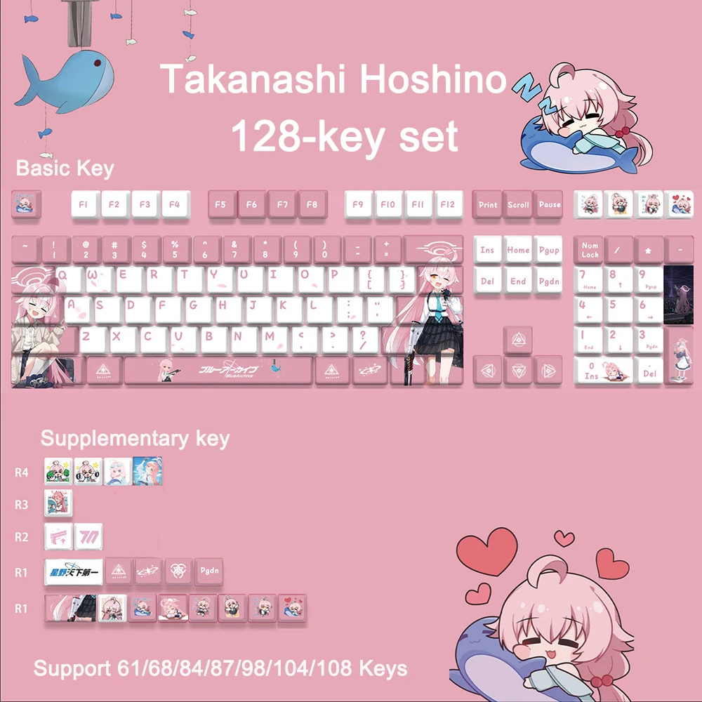 128 Keys Blue Archive Keycap Takanashi Hoshino Keycap PBT Cherry Profile PBT Keycaps Cartoon Anime Game Key Caps For ANSI 87 104