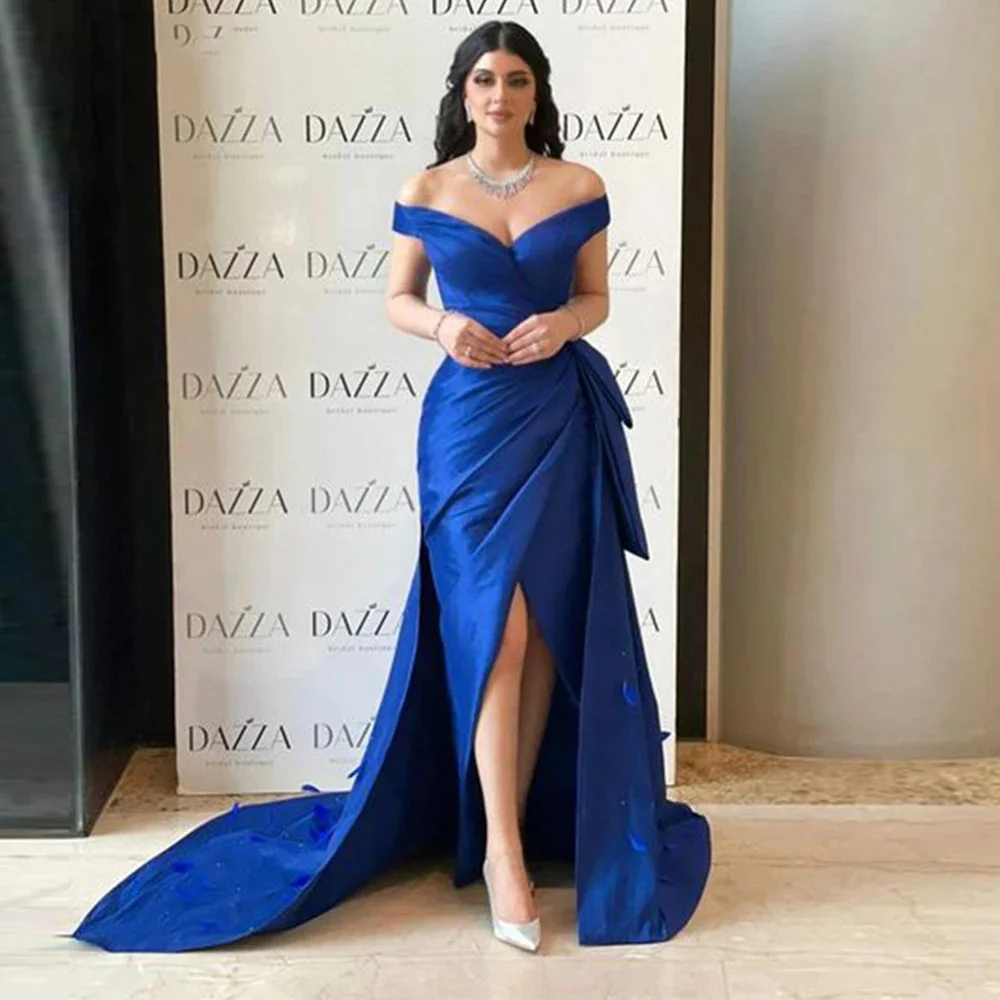 

Lily Royal Blue Stain Chic Woman Evening Dress Gown Off the Shoulder Mermaid Ball Gown Pleat Night Dresses Gown robes de soirée