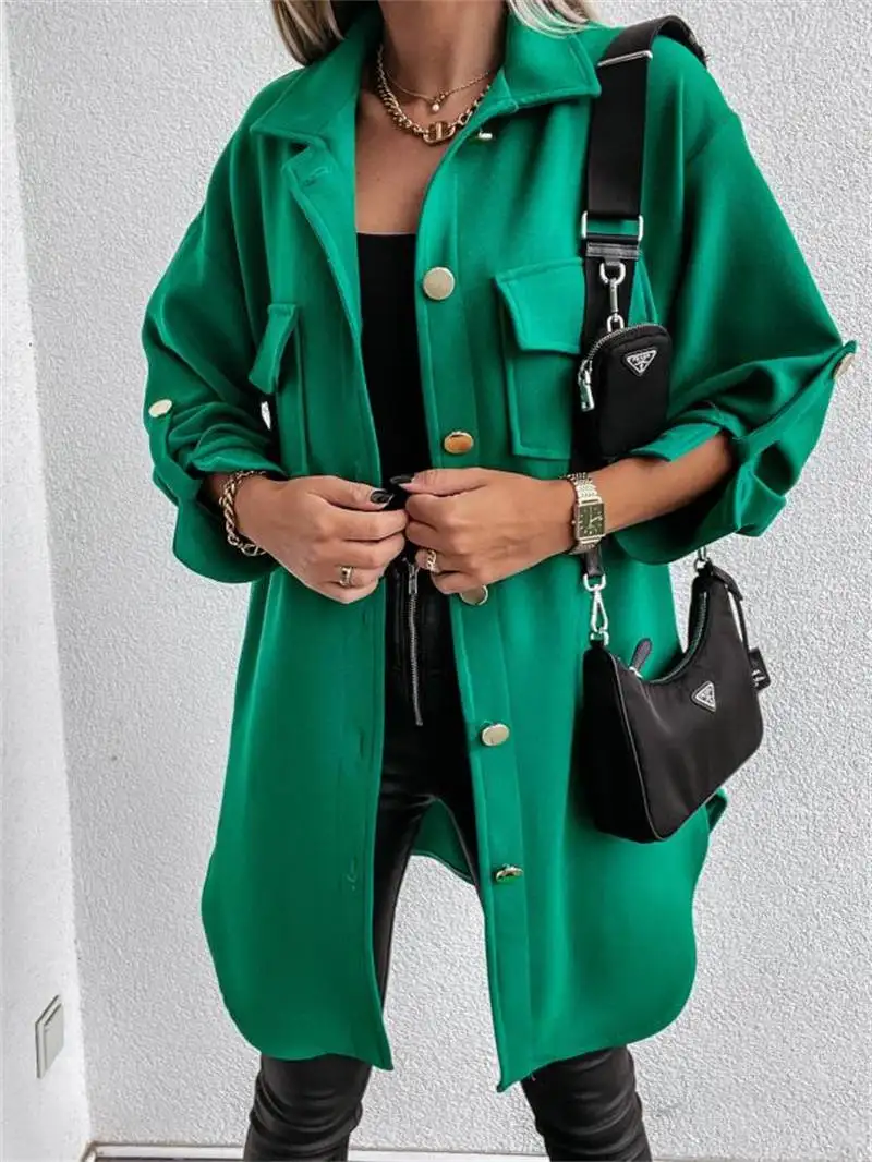 New 202 Long irt Jaet Coat for Women Autumn Winter Faion Streetwear Casual Oversized Button down Outerwear