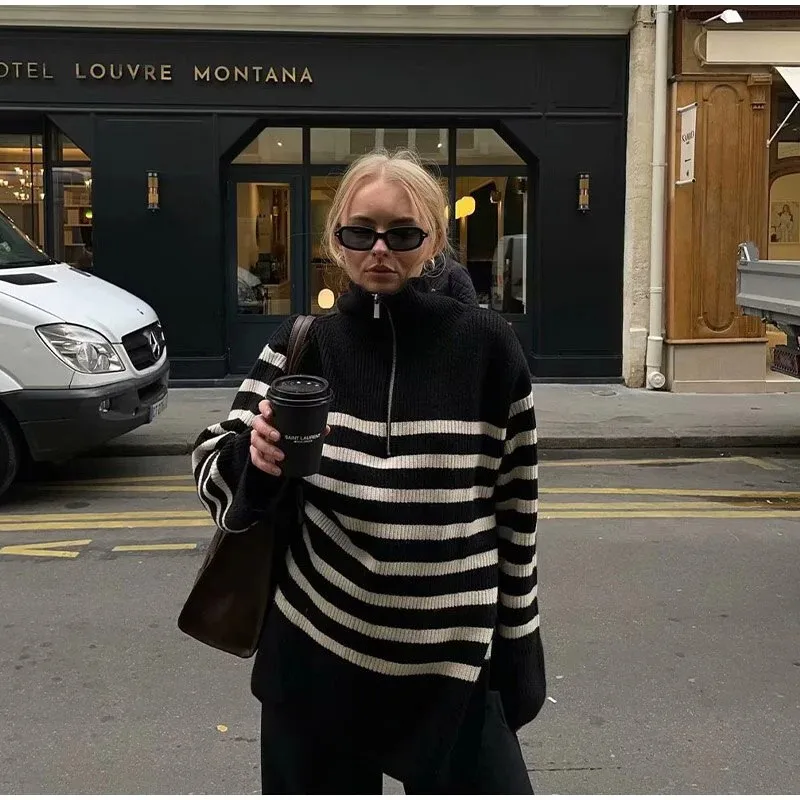 

2025 European and American Casual Slack Retro Lapel Half Zipper Pullover Loose Casual Striped Knit Sweater
