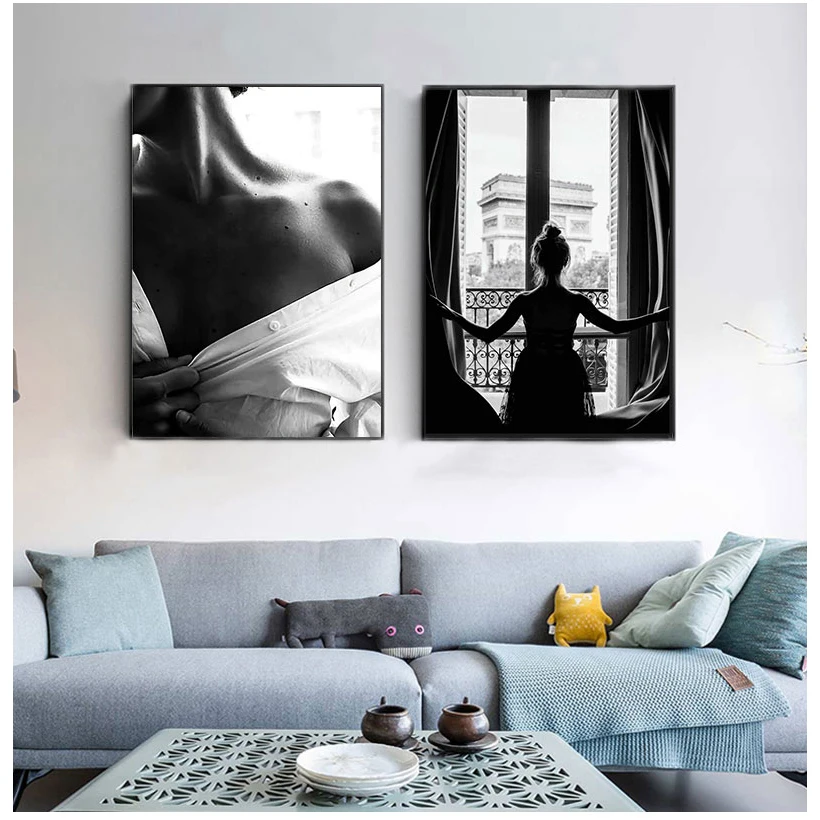 Black and White Sexy Window Girl Nordic Canvas Painting Fashion Beautiful Woman Posters Wall Art Pictures Living Room Home Decor