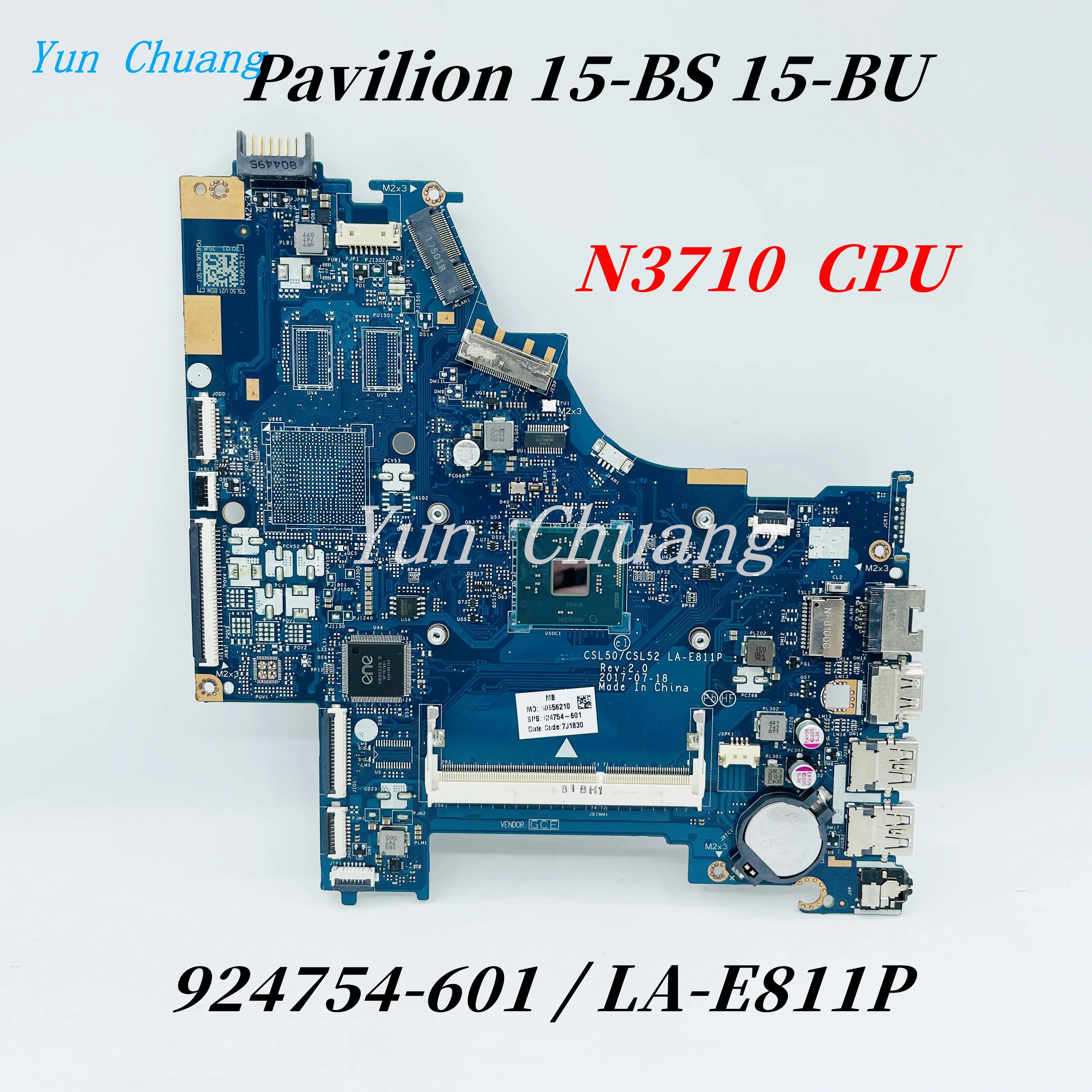 

924754-601 924754-001 928637-601 For HP PAVILION 15-BS 15Q-BU Laptop Motherboard LA-E811P Motherboard With N3710 CPU 100% Teste