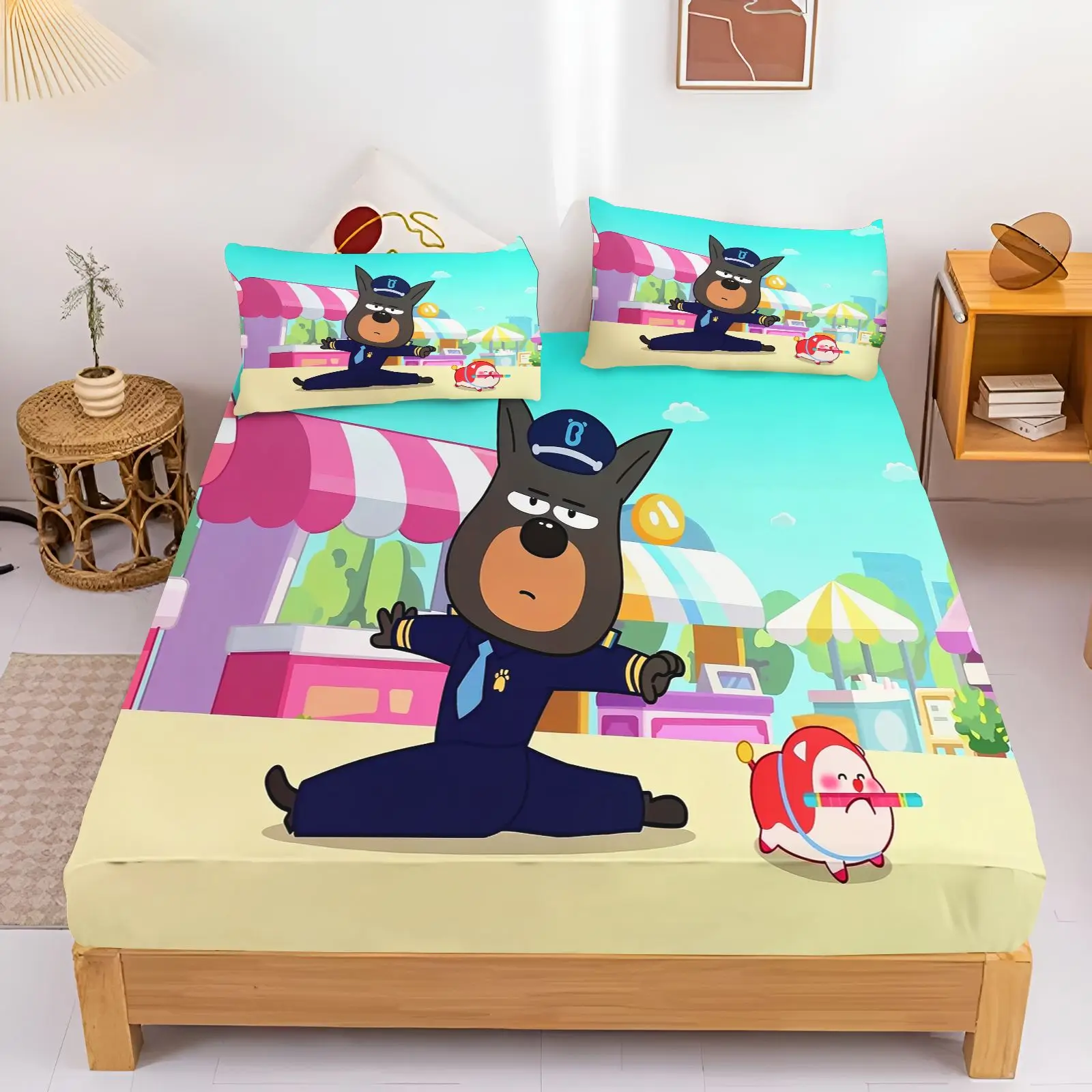 Cartoon Sheriff Labrador Bedding Set Anime Dog Character Printed Fitted Sheet Kids Bedroom Decor Mattress Cover Bed Linen