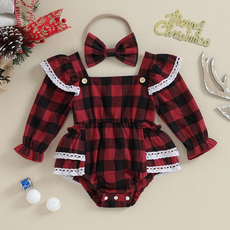 Toddler Girls Winter Holiday Jumpsuit Red Plaid Long Sleeve Romper with Matching Headband and Ruffle Detail