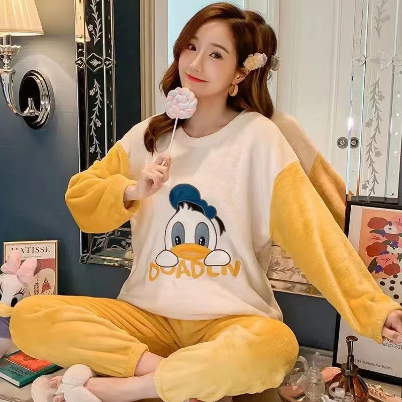 Donald Duck Pajamas Winter Thickening Flannel Pajamas Cartoon Cute Soft Casual Warm Comfortable Home Clothes Set