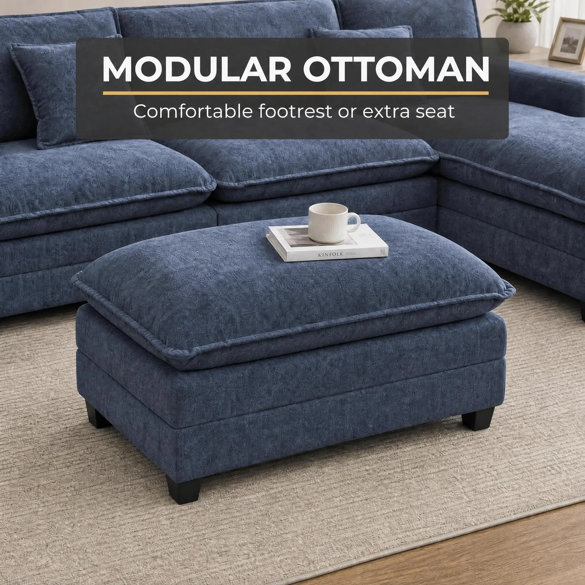 Customizable Modular Sofa Ottoman - Chenille Upholstery, 300 lbs Heavy Duty Support, Extra Seat & Footrest for Dining or Living Room - Versatile Furniture Piece
