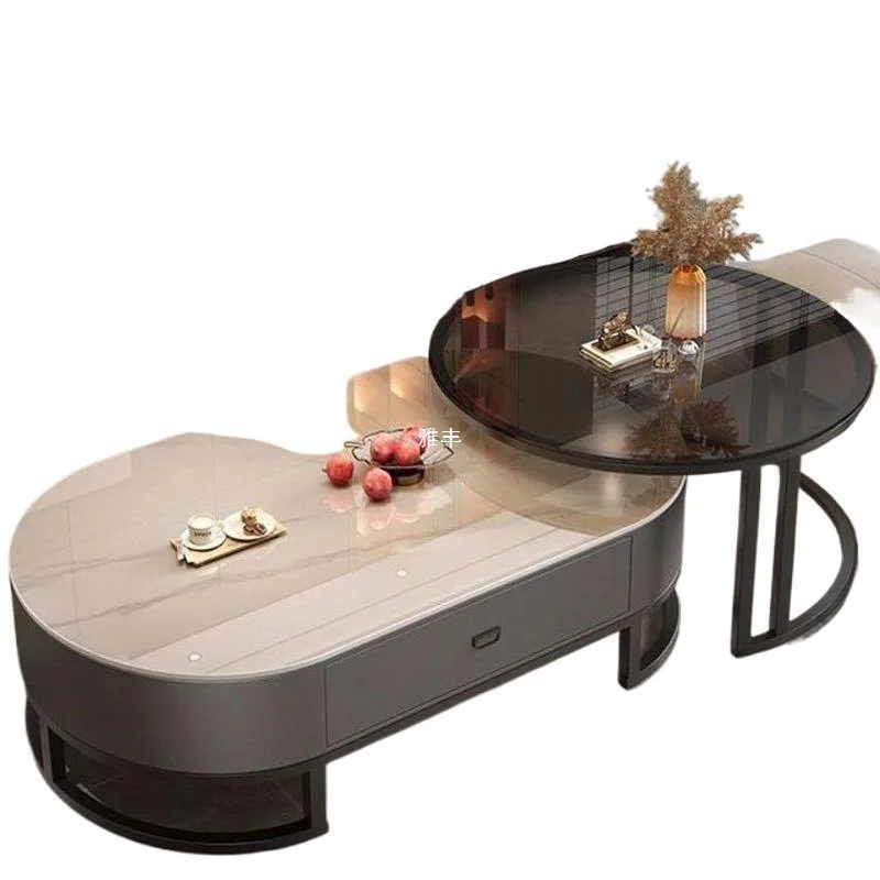 غرفة معيشة إيطالية فاخرة من الزجاج البيضاوي الخفيف، مجموعة طاولة قهوة رخامية راقية