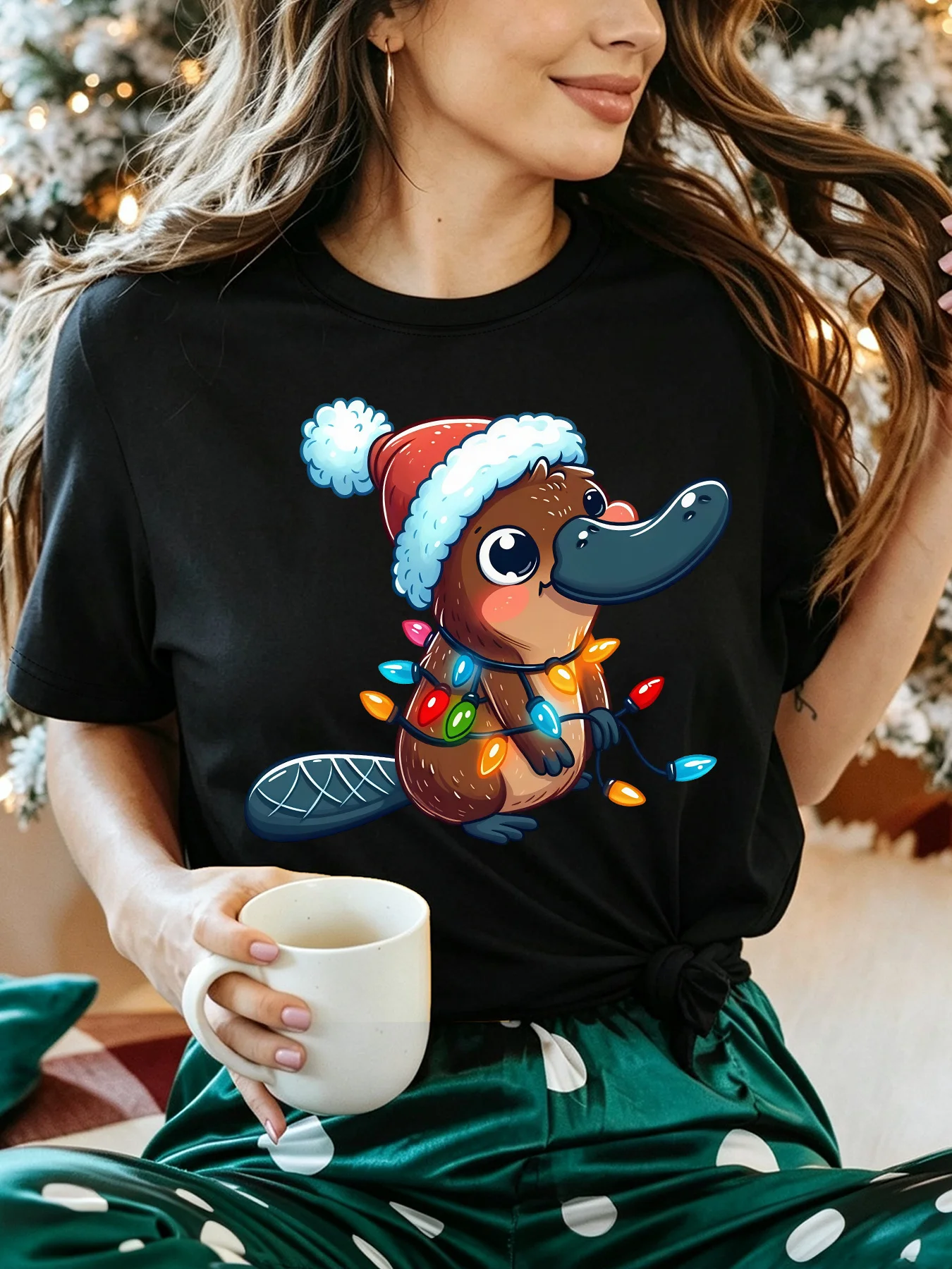 Cute Christmas Platypus Santa Hat Womens Crew Neck Short Sleeve T Shirt Xmas Light String Casual Graphic Tees For Ladies