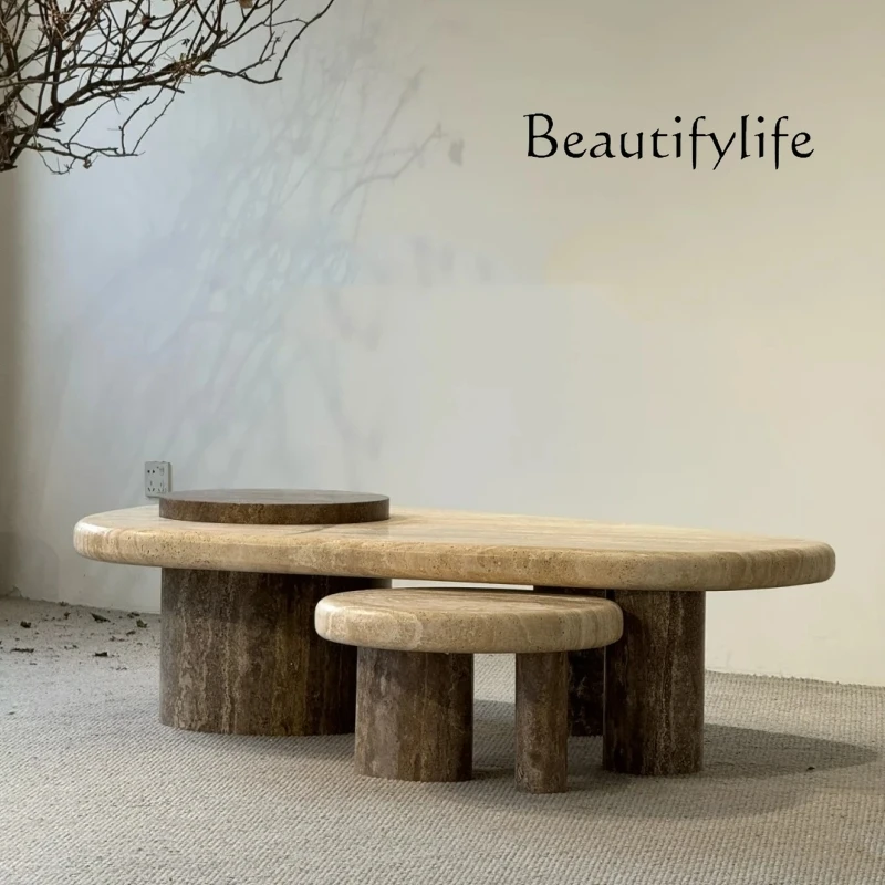 Medieval style solid wood travertine coffee table living room home modern minimalist light luxury special-shaped designer retro