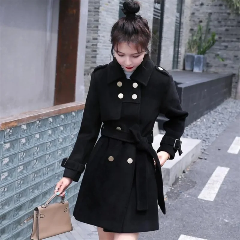 

2024 New Winter Cotton Padded Thick Woolen Coat Women Korean Version Medium Long Styles Waist Cinched Hepburn Style Woolen Coats